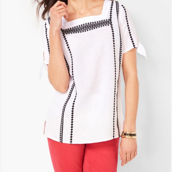 NWT Talbots Navy And White Linen Boho Embroidered Tie Sleeve Top - Picture 1 of 7